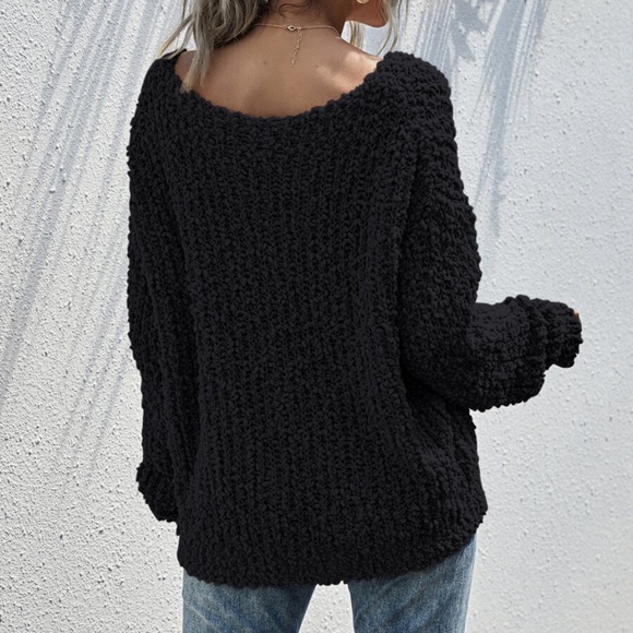 oversized off shoulder knit popcorn sweater Black - Picture 4 of 4